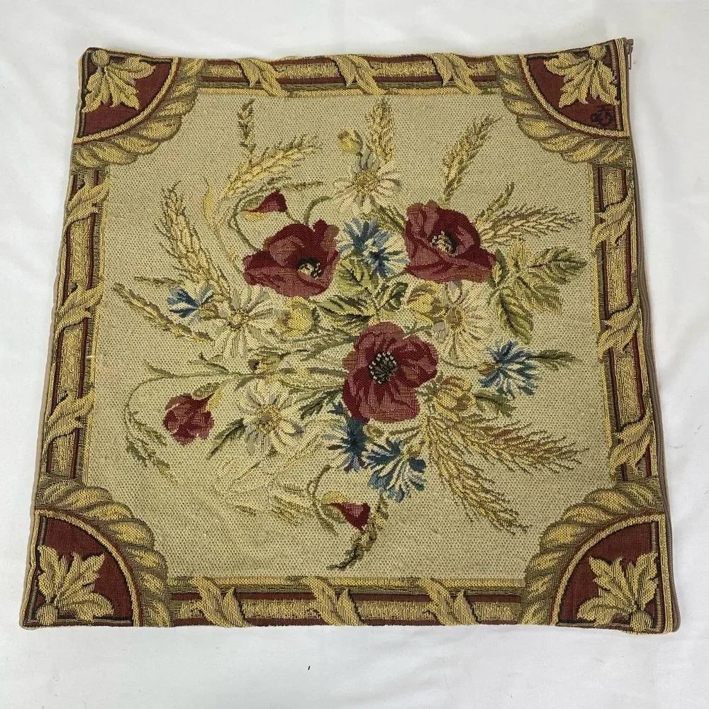 Floral Tapestry Accent Pillow Cover 50s 60s Signed GRH made in France